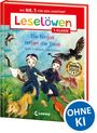 "Leselöwen 1. Klasse: Die Ninjas retten die Tiere" zeigt zwei Ninjas in einem Wald mit Tieren. "OHNE KI"-Logo.