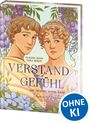 "Verstand und Gefühl" in Großbuchstaben. Zwei Figuren, umgeben von lila Blumen, darunter „OHNE KI“.