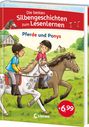 "Die besten Silbengeschichten zum Lesenlernen. Pferde und Ponys." Zwei Kinder reiten auf Ponys über eine grüne Wiese.