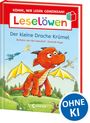 Buchtitel: "Leselöwen - Der kleine Drache Krümel". Illustration: Ein roter Drache fliegt fröhlich mit gelben Flügeln.