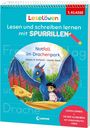 „Leselöwen: Lesen und schreiben lernen mit Spurrillen. Notfall im Drachenpark.“ Illustration: Drachen und Kind.