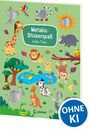 „Metallic-Stickerspaß: Wilde Tiere“ steht auf einem grünen Kinderbuch mit bunten Tierillustrationen.