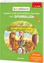 "Lesen und schreiben lernen mit SPURRILLEN. Eine ponystarke Freundschaft. 1. Klasse. Illustration: Kind auf Pony im Wald."