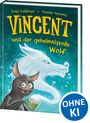 "VINCENT und der geheimnisvolle Wolf", Illustration mit einer Fledermaus und einem geisterhaften, weißen Wolf über einem blauen Hintergrund.