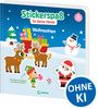 "Stickerspaß für kleine Hände" und "Weihnachten". Ein Schneemann, Rentiere, Schlitten und Weihnachtsmann in einer winterlichen Szene.