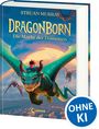 "Struan Murray. Dragonborn: Die Macht der Dämonen. Loewe. Illustration eines Jungen auf einem großen, grünen Drachen im Flug."
