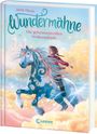„Jana Hoch, Wundermähne, Die geheimnisvollen Wolkenpferde“, Illustration eines Mädchens auf einem magischen, blauen Pferd.