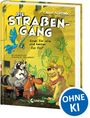 „Die Straßengäng“, „Einer für alle und keiner für Flo?“. Illustration mit Tieren vor einer gelben Wand.