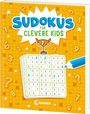 "SUDOKUS FÜR CLEVERE KIDS" auf orangefarbenem Hintergrund mit Zahlen und einem Sudoku-Raster darunter, plus ein blau-weißer Stift.