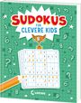 "SUDOKUS FÜR CLEVERE KIDS" in bunten Buchstaben, darunter ein aufgeklapptes Sudoku-Heft mit einem Stift.