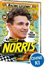 „Racing Legends“, „101 Fakten über die Formel 1“, „Lando Norris“. Illustration mit Pokal, Rennwagen und Helm.