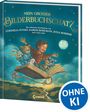„MEIN GROSSER BILDERBUCHSCHATZ“, ein fliegendes Buch mit einem Kind und Tieren bei Nacht, Logo „Loewe“, Kreis „OHNE KI“.