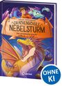 „Drachenschule Nebelsturm: Der versteinerte Drache“ von Tielmann, Reinki, Lipkowski. Illustration eines lachenden Jungen mit Drachen. Links unten ein „Ohne KI“-Label in Blau.