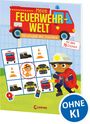 "Meine Feuerwehr-Welt", "Rätselspaß mit Stickern", "Mit über 75 Stickern", "OHNE KI". Kind in Feuerwehrkluft mit Schlauch.