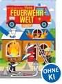"Meine FEUERWEHR WELT Malblock", "OHNE KI" auf blauem Kreis. Illustration: Feuerwehrleute löschen brennendes Haus, Katze auf Dach.