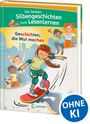 „Die besten Silbengeschichten zum Lesenlernen. Geschichten, die Mut machen.“ Illustration: Kind auf Skateboard, fröhliche Kinder.