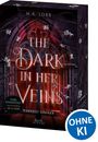"The Dark in Her Veins", M.K. Lobb; Dark Romantasy ab 16 Jahren. Roter Fensterhintergrund, weiße Blüten und schwarze Ranken.