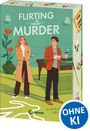 "Flirting with Murder" und "OHNE KI" sind zu lesen. Zwei Personen in Detektivkleidung vor grünem Hintergrund.