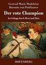 „Der rote Champion: Im Galopp durch Herz und Ehre.“ Illustration eines Reiters auf einem weißen Pferd.