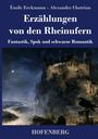 "Erzählungen von den Rheinufern. Fantastik, Spuk und schwarze Romantik." Düsteres Schloss unter Mondlicht am Flussufer.