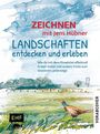 "Zeichnen mit Jens Hübner: Landschaften entdecken und erleben" in Aquarellstil, mit Landschaft und Vogel.