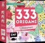 "333 Origami Blütenmeer" in großen Buchstaben, umgeben von bunten Blumenmustern. Mit Video-Anleitungen.