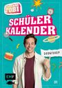 "Checker Tobi SCHÜLER KALENDER 2026/2027." Illustration mit einer lächelnden Person, Lupe, Uhr, Planet und Trommel.
