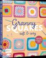 "Granny Squares soft & cosy" steht prominenter Text, umgeben von bunten Häkelquadraten, Garn, Häkelnadel und Schere.