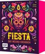 „Fiesta – Das Mexiko-Kochbuch“ steht in gelber und roter Schrift. Bunte Blumen und ein Totenkopf, umgeben von Avocado und Chili.