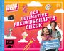 "Der ultimative Freundschaftscheck" und "Das Freundealbum von Checker Tobi und Checkerin Marina". Fröhliches Paar umarmt sich. Spielzeug- und Musiksymbole umgeben sie.