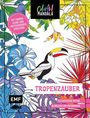 "Tropenzauber", "Mit Farbenlehre und motivierenden Sprüchen", "50 exotische Motive Ausmalen und Entspannen". Ein farbenfrohes Cover mit einem Tukan und tropischen Blättern.