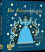 „Die Schneekönigin“, Illustration einer Frau in Blau mit Krone, Vögeln und Schneeflocken, gestaltet von Lesley Barnes.