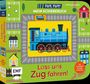 „Lass uns Zug fahren!“ und „TUT, TUT! MEIN SCHIEBEBUCH“ auf einem kinderfreundlichen Buchcover mit blauem Zug.