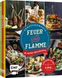 "GENUSSMOMENTE FEUER UND FLAMME", 75 Grillrezepte, 3 Bücher im Set. Fotos von Grillgerichten, EMF-Logo unten links.