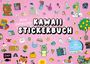 „Mein supercutes Kawaii Stickerbuch“ auf rosa Hintergrund mit vielen bunten, niedlichen Stickern von Tieren und Objekten.