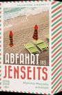 Texte: "Salvatore Simonetti", "Abfahrt ins Jenseits", "Mamma Marcella ermittelt". Oben ein Strand mit Wellen, Liegen, Sonnenschirme.