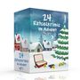 "24 Rätselkrimis im Advent". Illustration eines verschneiten Dorfes mit Tannenbaum und Krimi-Hinweisen.