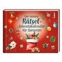 "Der heitere Rätsel-Adventskalender für Senioren". Weihnachtsmotive auf rotem Hintergrund, mit Geschenken und Ornamenten.