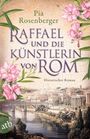 Titel: "Raffael und die Künstlerin von Rom". Illustration mit Blumen und römischer Stadtansicht, Brücke über Fluss.