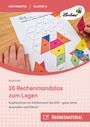 "MATHEMATIK KLASSE 2", "Lernbiene", "16 Rechenmandalas zum Legen", "Übungsmaterial", Hände legen Formen auf ein Blatt.