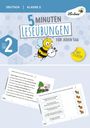 "5 MINUTEN LESEÜBUNGEN FÜR JEDEN TAG", "HEFT 2", "DEUTSCH", "KLASSE 2". Illustration einer fröhlichen Biene mit Stoppuhr.