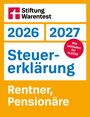 "2026 2027 Steuererklärung Rentner, Pensionäre, Mit Leitfaden für ELSTER. Stiftung Warentest Logo oben links."