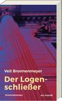 „Veit Bronnenmeyer, Der Logenschließer, Kriminalroman, ars vivendi“. Rot-blaue Illustration einer Säule und Skulptur.