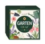 „Garten Quiz“ steht groß geschrieben. Darunter Gießkanne, Blumen und Gartengeräte in einer bunten Illustration.
