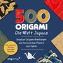 "500 Origami: Die Welt Japans - Kreative Anleitungen, hochwertige Papiere. Mit Motiven zum Ausmalen. mvgverlag-Logo. Bunte Muster."