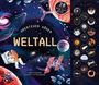 "Abenteuer hören: Weltall" in großen Buchstaben. Bunte Weltraum-Szene mit Astronauten, Planeten und Raumschiffen.