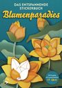 "Das entspannende Stickerbuch Blumenparadies." Bunte, gelb-orange Blüten vor blauem Hintergrund mit Blättern.