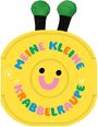 Text: "MEINE KLEINE KRABBELRAUPE". Ein gelber, lächelnder Kreis mit grünen Fühlern als Illustration.