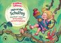 "Endlich 1. Klasse! Mein erster Schultag. Abenteuer zwischen Zirkuszauber und Dschungelgrün."  
Ein Kind schwingt mit einer Zuckertüte durch den Dschungel, begleitet von einem Affen und buntem Vogel.