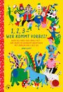 1, 2, 3 – WER KOMMT VORBEI? Bunte Tiere und Figuren in einem lebhaften, verspielten Stil auf gelbem Hintergrund.